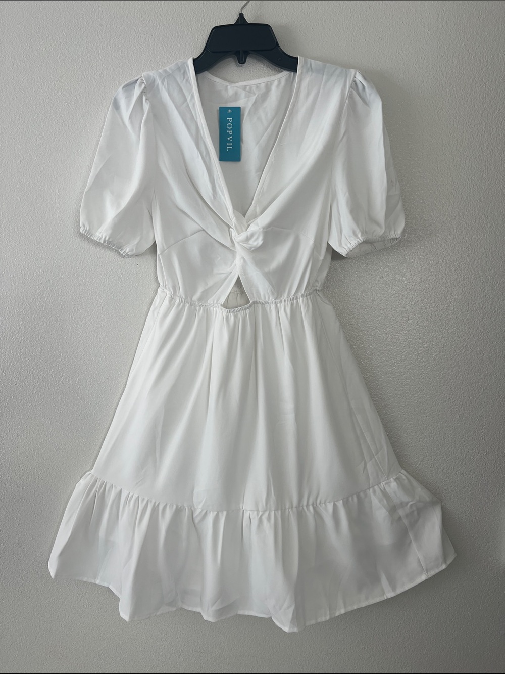 White Knot-Front Puff Sleeve coverup Dress